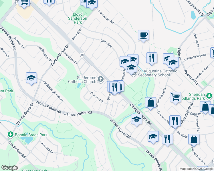 map of restaurants, bars, coffee shops, grocery stores, and more near 5 Hatton Court in Brampton