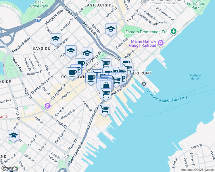map of restaurants, bars, coffee shops, grocery stores, and more near 10 Exchange Street in Portland