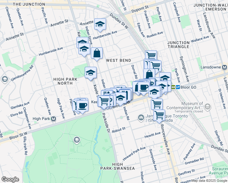 map of restaurants, bars, coffee shops, grocery stores, and more near in Toronto