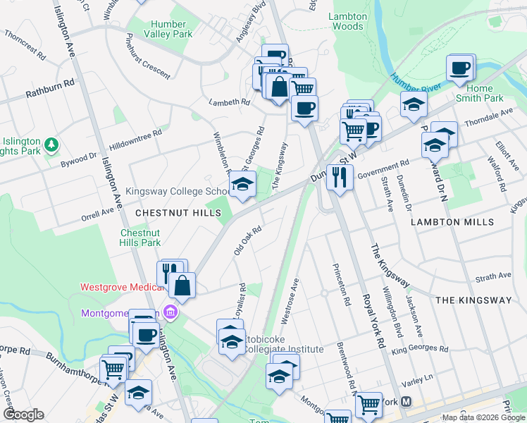 map of restaurants, bars, coffee shops, grocery stores, and more near 15 Old Oak Drive in Toronto