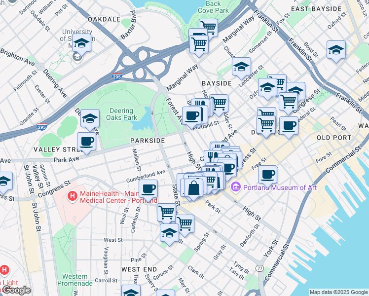 map of restaurants, bars, coffee shops, grocery stores, and more near 232 High Street in Portland