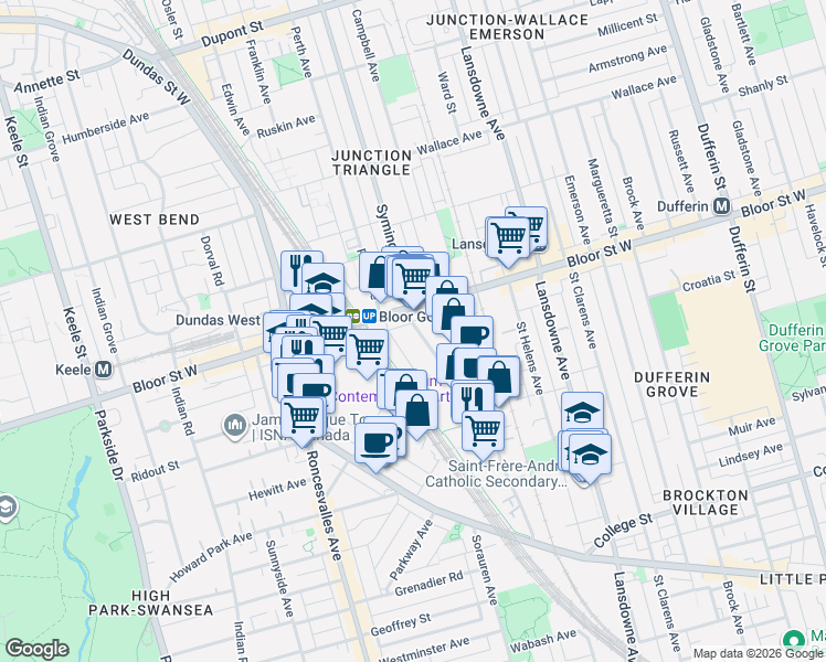 map of restaurants, bars, coffee shops, grocery stores, and more near 268 Sterling Road in Toronto