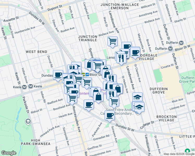map of restaurants, bars, coffee shops, grocery stores, and more near 268 Sterling Road in Toronto