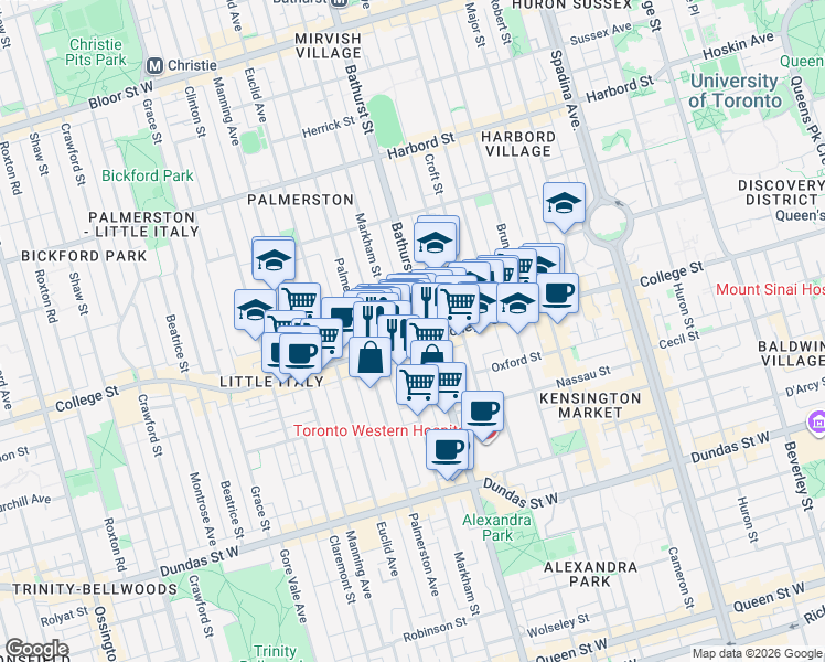 map of restaurants, bars, coffee shops, grocery stores, and more near 456 College Street in Toronto
