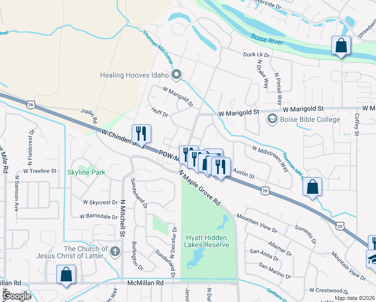 map of restaurants, bars, coffee shops, grocery stores, and more near 9277 West Austin Street in Boise