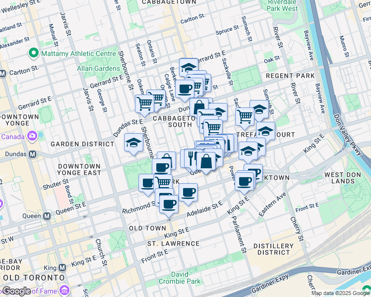 map of restaurants, bars, coffee shops, grocery stores, and more near 242 A Shuter Street in Toronto