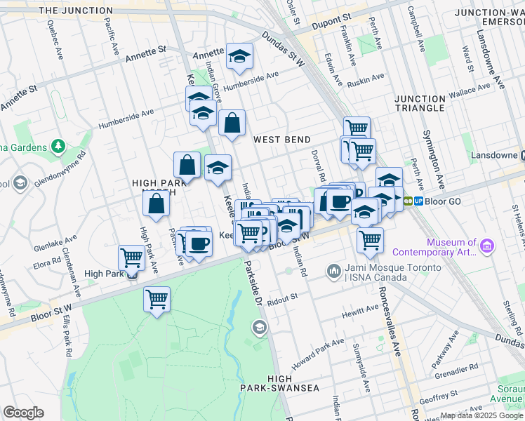 map of restaurants, bars, coffee shops, grocery stores, and more near 20 Glen Gordon Road in Toronto
