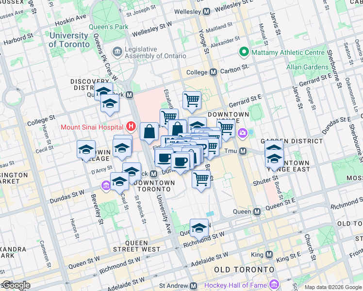 map of restaurants, bars, coffee shops, grocery stores, and more near 150 Elizabeth Street in Toronto