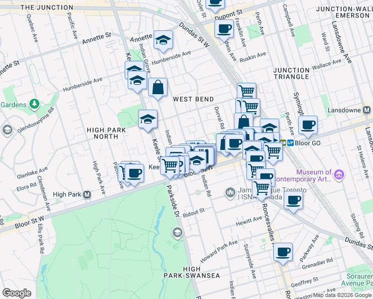 map of restaurants, bars, coffee shops, grocery stores, and more near 24 Indian Road Crescent in Toronto