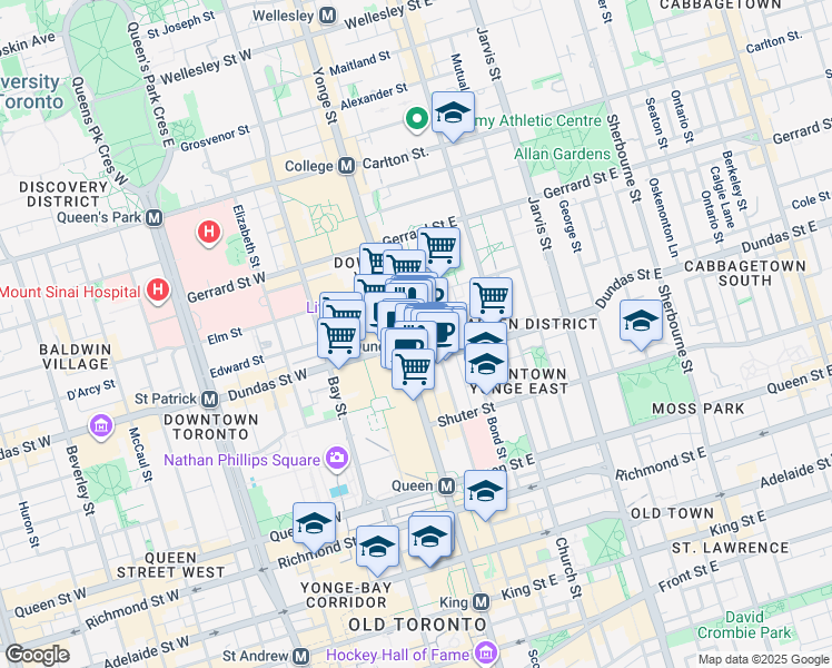 map of restaurants, bars, coffee shops, grocery stores, and more near 10 Dundas Street East in Toronto