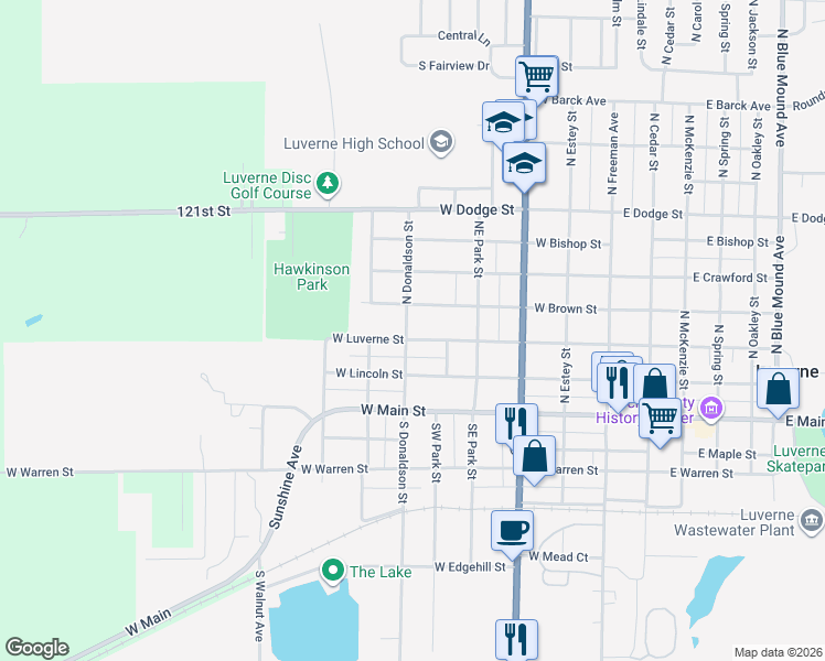 map of restaurants, bars, coffee shops, grocery stores, and more near 215 North Donaldson Street in Luverne