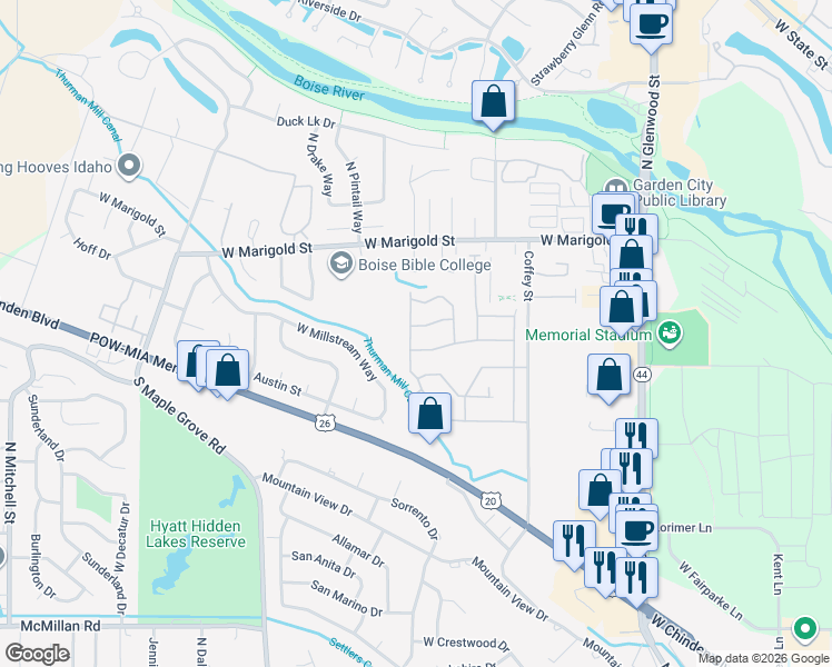 map of restaurants, bars, coffee shops, grocery stores, and more near 8525 Willowdale Drive in Boise