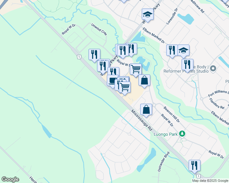 map of restaurants, bars, coffee shops, grocery stores, and more near Peel Regional Road 1 in Brampton