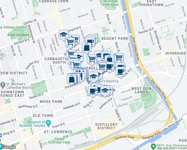 map of restaurants, bars, coffee shops, grocery stores, and more near 108 Sackville Street in Toronto