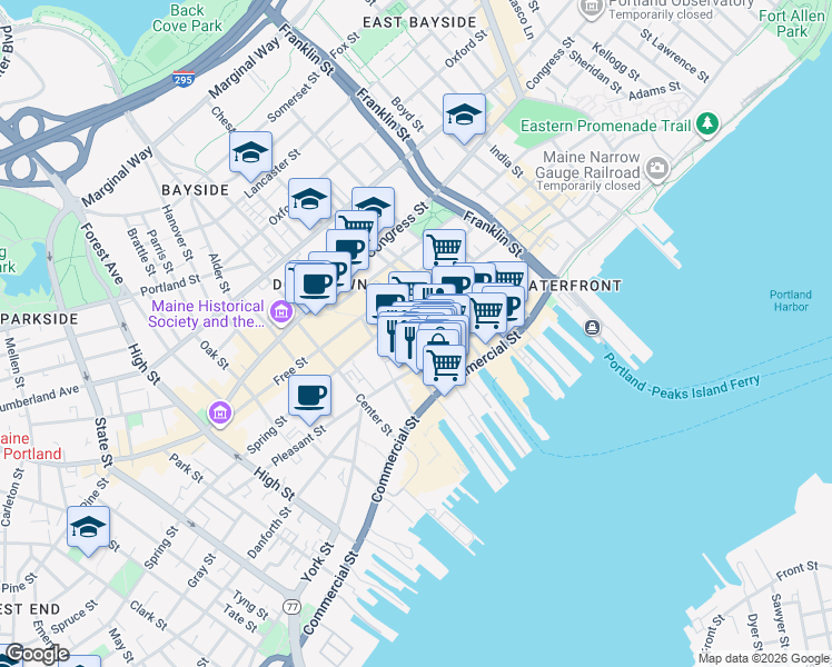 map of restaurants, bars, coffee shops, grocery stores, and more near 455 Fore Street in Portland