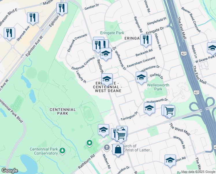 map of restaurants, bars, coffee shops, grocery stores, and more near in Toronto