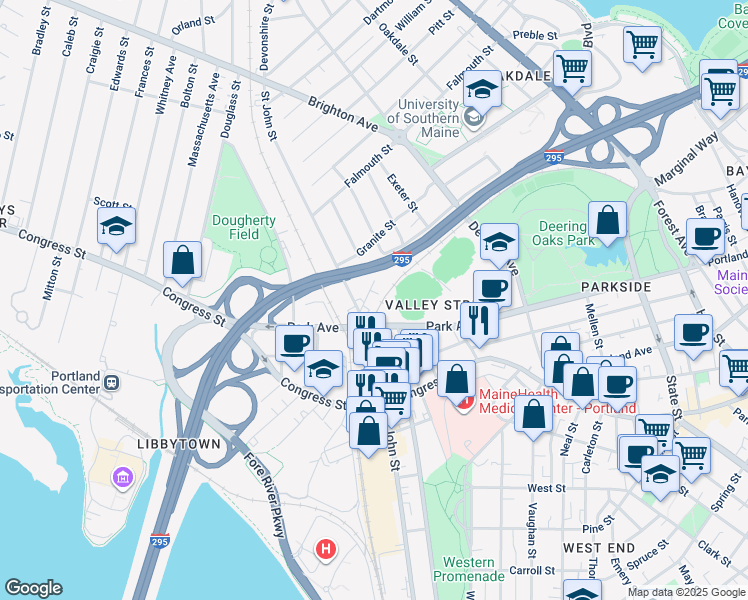 map of restaurants, bars, coffee shops, grocery stores, and more near 162 Washburn Avenue in Portland