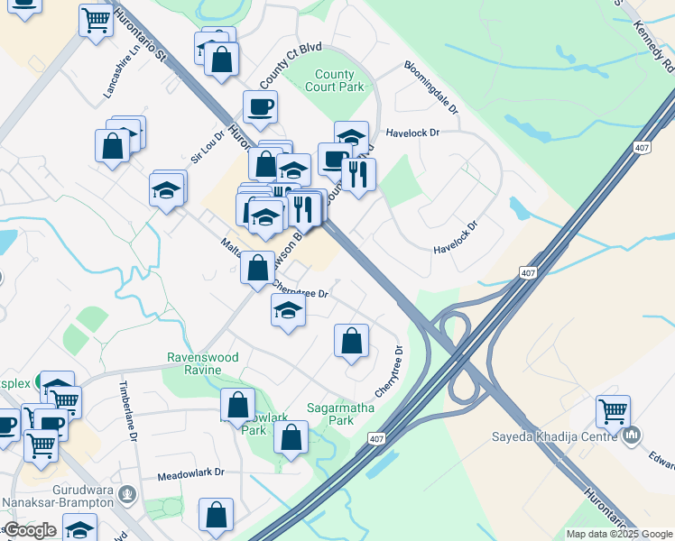 map of restaurants, bars, coffee shops, grocery stores, and more near 20 Cherrytree Drive in Brampton