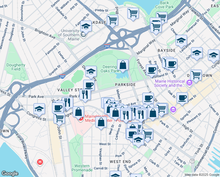 map of restaurants, bars, coffee shops, grocery stores, and more near 121 Grant Street in Portland