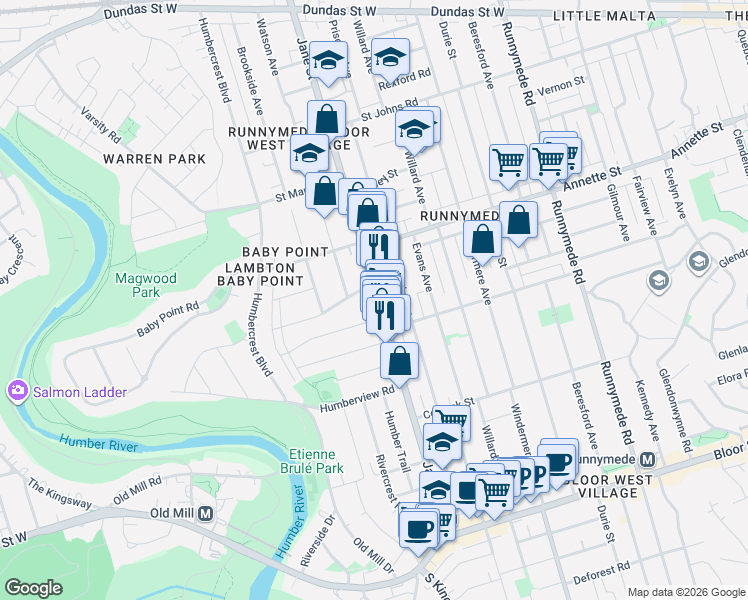 map of restaurants, bars, coffee shops, grocery stores, and more near 308 Jane Street in Toronto