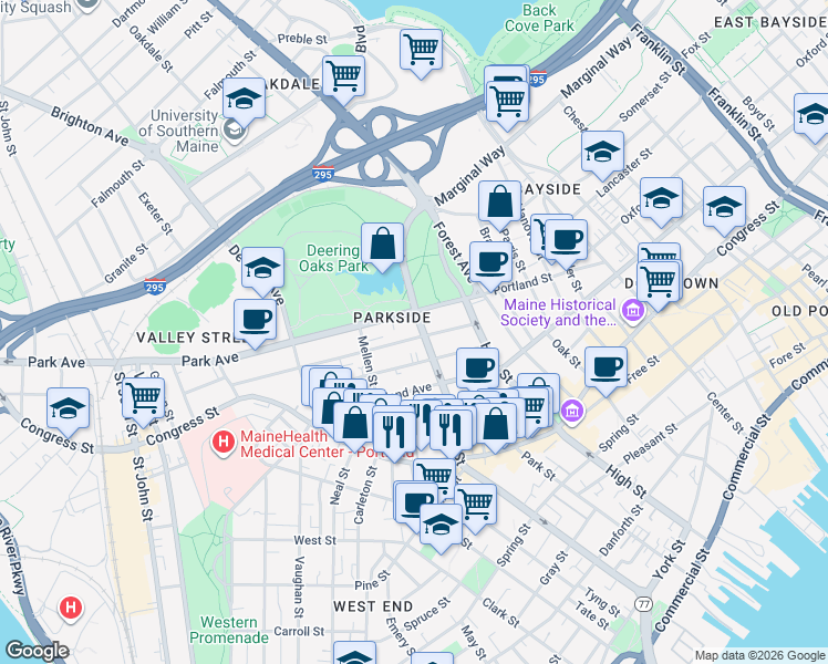 map of restaurants, bars, coffee shops, grocery stores, and more near 280 State Street in Portland