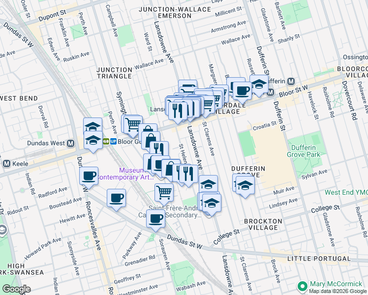 map of restaurants, bars, coffee shops, grocery stores, and more near 267 Saint Helens Avenue in Toronto