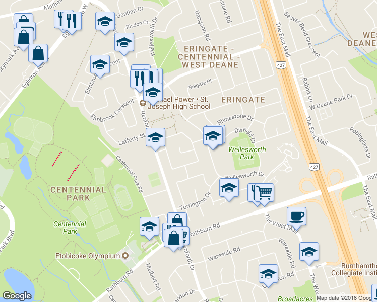 map of restaurants, bars, coffee shops, grocery stores, and more near 10 Rima Court in Toronto