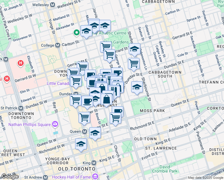 map of restaurants, bars, coffee shops, grocery stores, and more near 151 Dundas Street East in Toronto