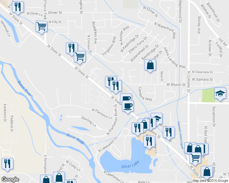 map of restaurants, bars, coffee shops, grocery stores, and more near 5616 West State Street in Boise