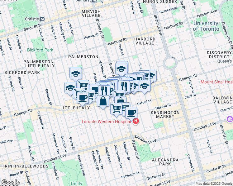 map of restaurants, bars, coffee shops, grocery stores, and more near 452 College Street in Toronto