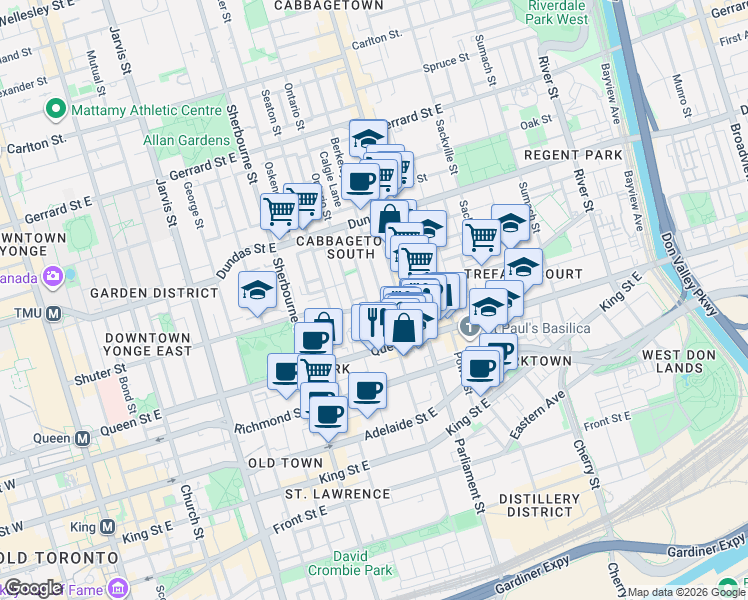 map of restaurants, bars, coffee shops, grocery stores, and more near in Toronto