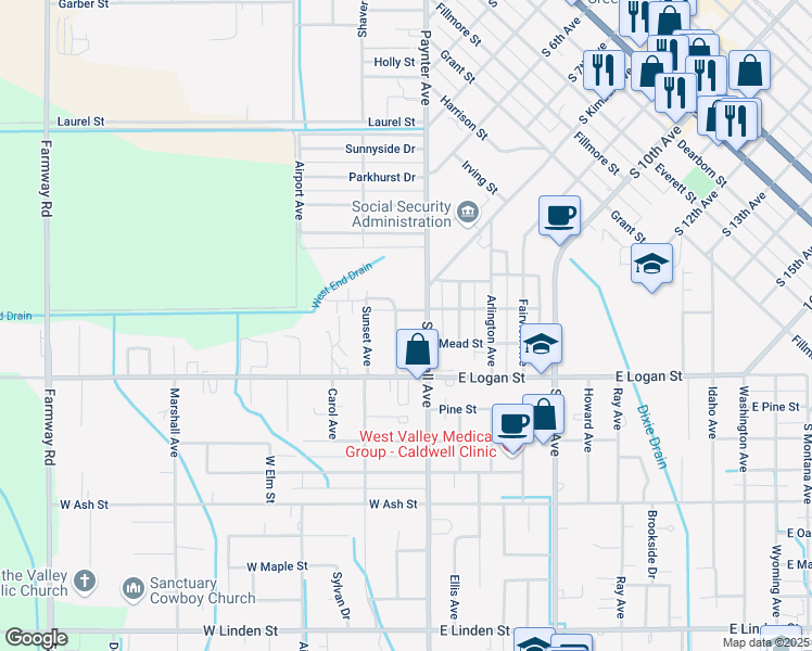 map of restaurants, bars, coffee shops, grocery stores, and more near 1604 South Kimball Avenue in Caldwell