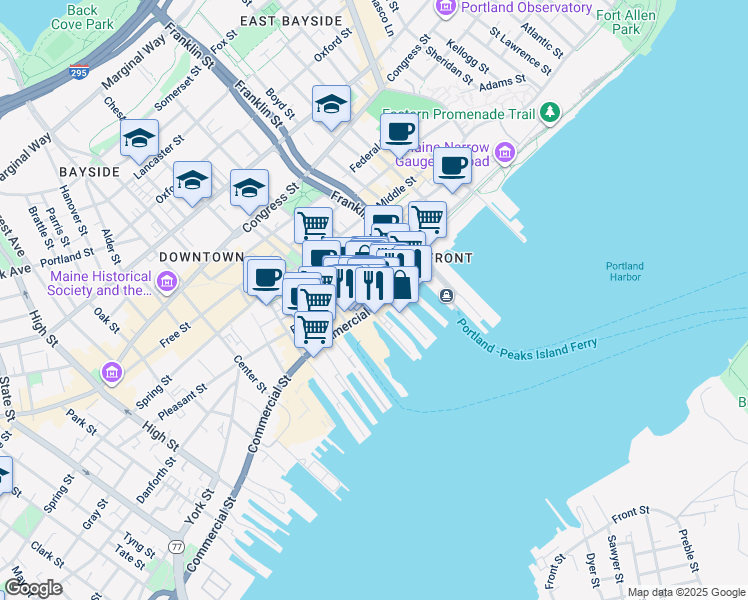 map of restaurants, bars, coffee shops, grocery stores, and more near 12 Portland Pier in Portland