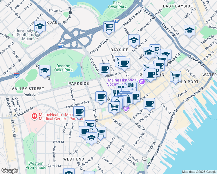 map of restaurants, bars, coffee shops, grocery stores, and more near 420 Cumberland Avenue in Portland