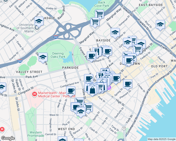 map of restaurants, bars, coffee shops, grocery stores, and more near 210 High Street in Portland