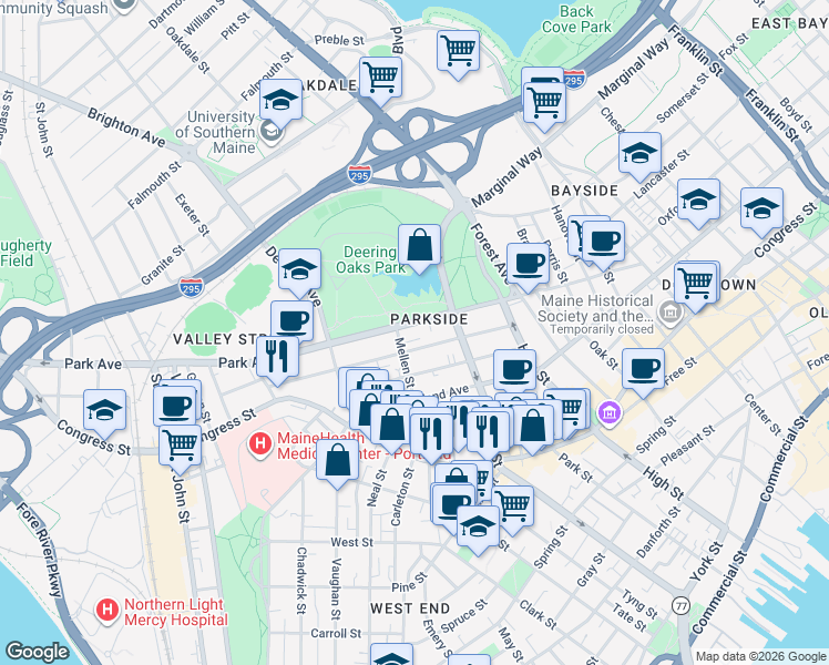 map of restaurants, bars, coffee shops, grocery stores, and more near 83 Mellen Street in Portland