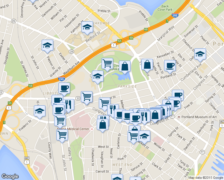 map of restaurants, bars, coffee shops, grocery stores, and more near 121 Grant Street in Portland