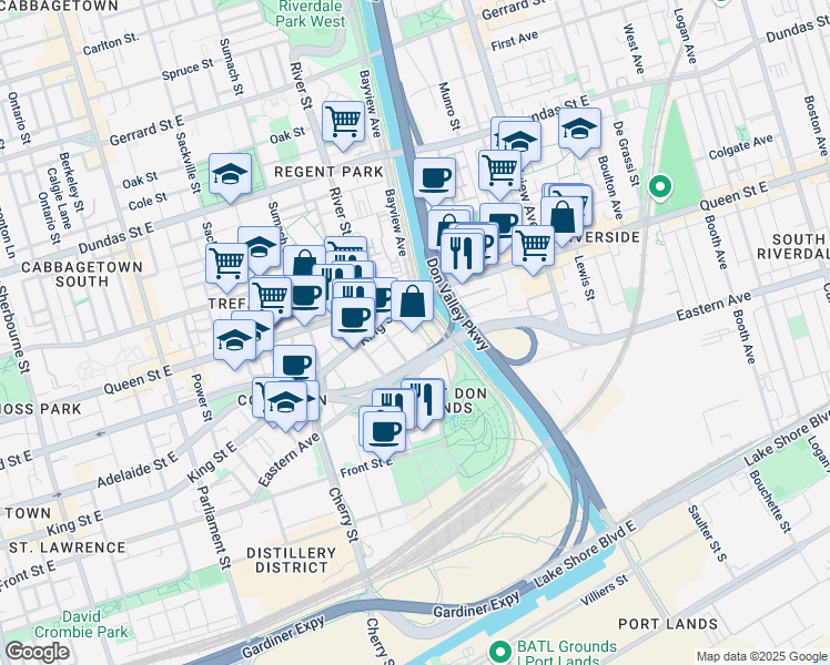 map of restaurants, bars, coffee shops, grocery stores, and more near 32 Trolley Crescent in Toronto