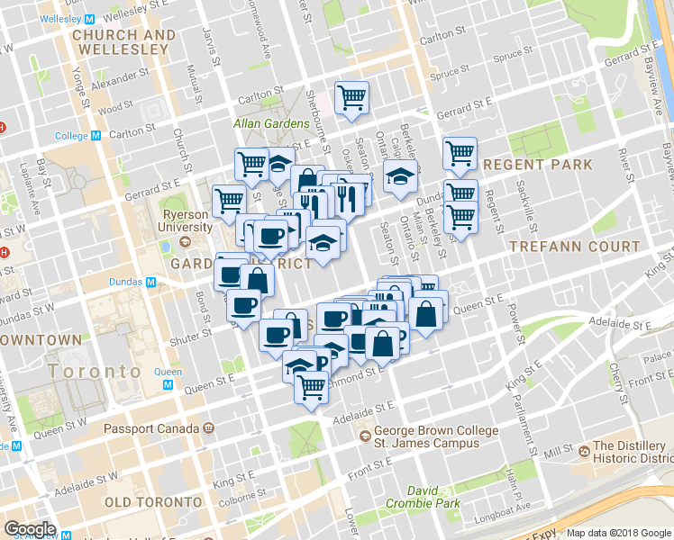 map of restaurants, bars, coffee shops, grocery stores, and more near 150 Sherbourne Street in Toronto