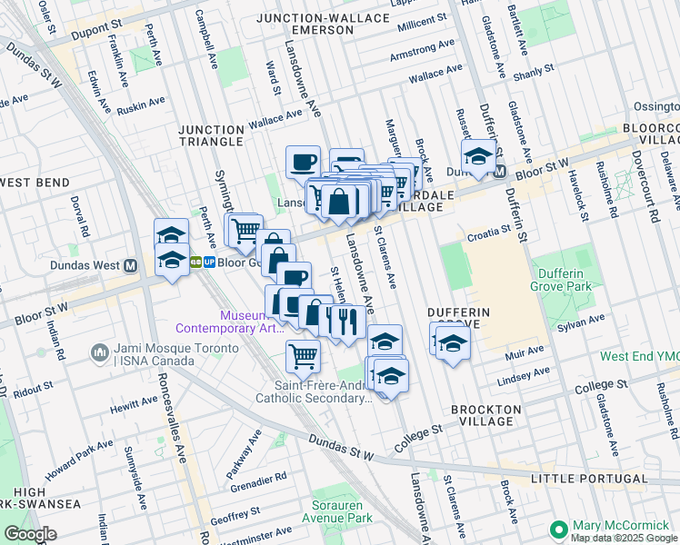 map of restaurants, bars, coffee shops, grocery stores, and more near in Toronto