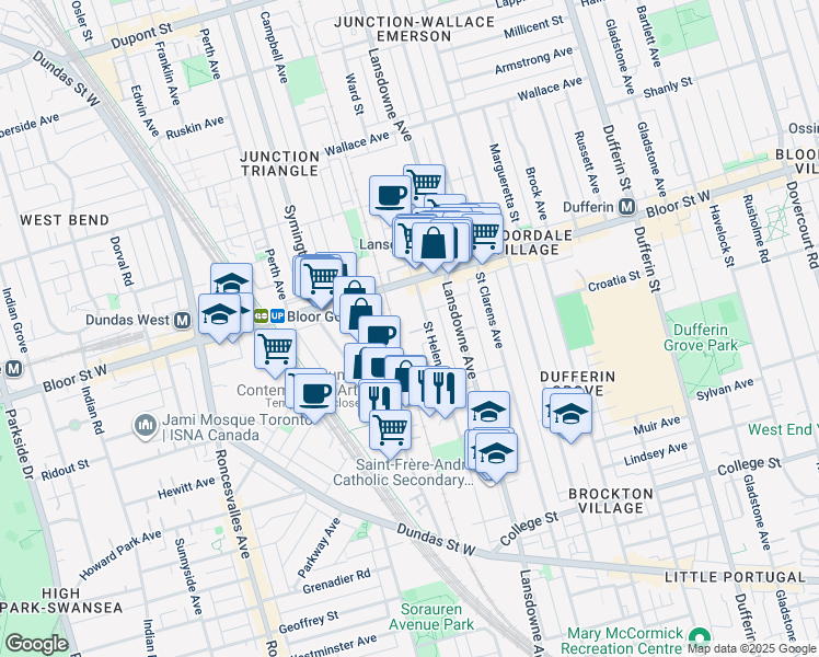 map of restaurants, bars, coffee shops, grocery stores, and more near 213 Sterling Road in Toronto