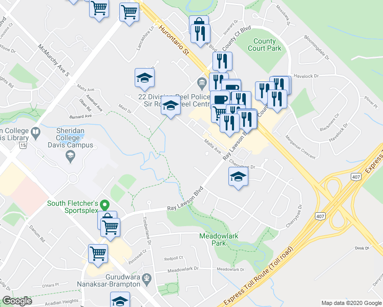 map of restaurants, bars, coffee shops, grocery stores, and more near 33 Berkindale Court in Brampton