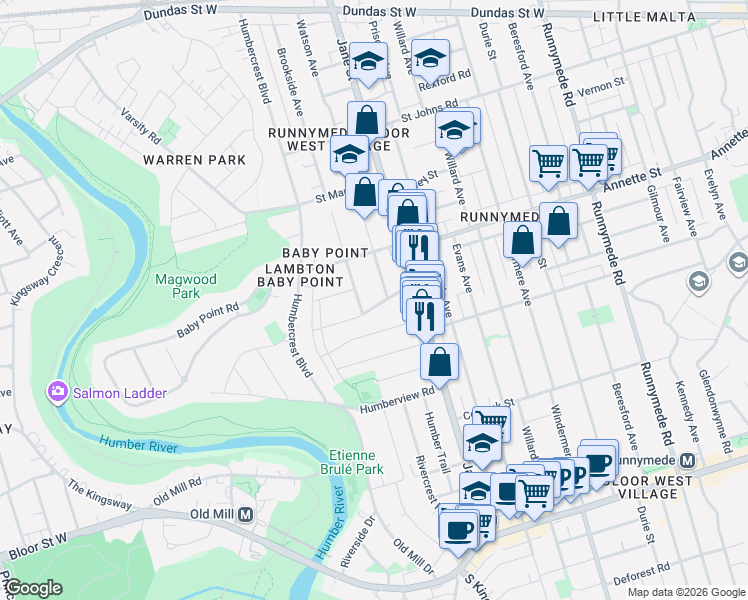 map of restaurants, bars, coffee shops, grocery stores, and more near 34 Raymond Avenue in Toronto