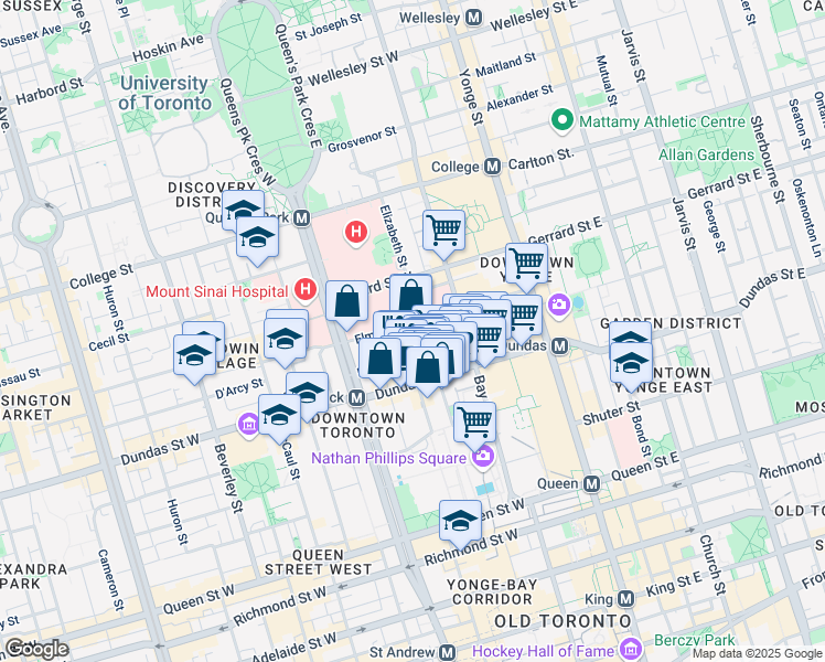 map of restaurants, bars, coffee shops, grocery stores, and more near 87 Elm Street in Toronto