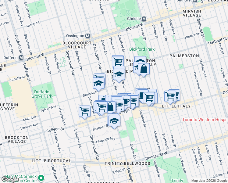 map of restaurants, bars, coffee shops, grocery stores, and more near in Toronto