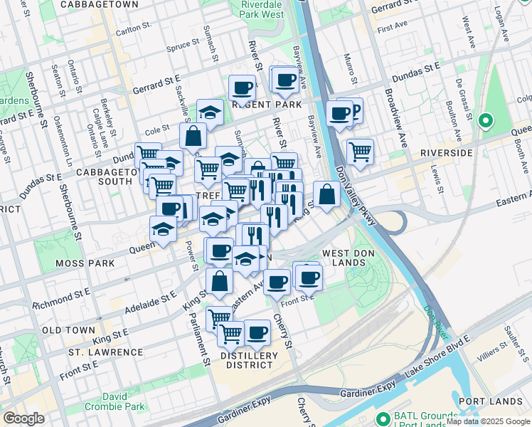 map of restaurants, bars, coffee shops, grocery stores, and more near in Toronto