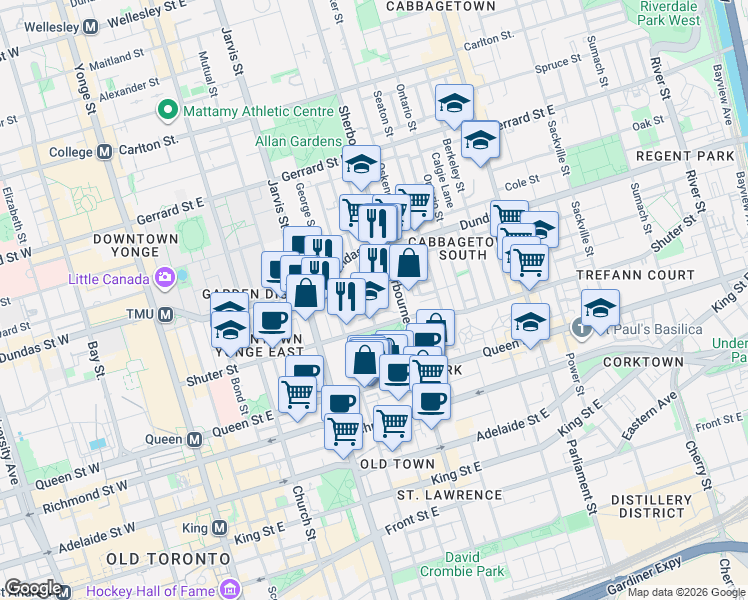 map of restaurants, bars, coffee shops, grocery stores, and more near 17 Pembroke Street in Toronto