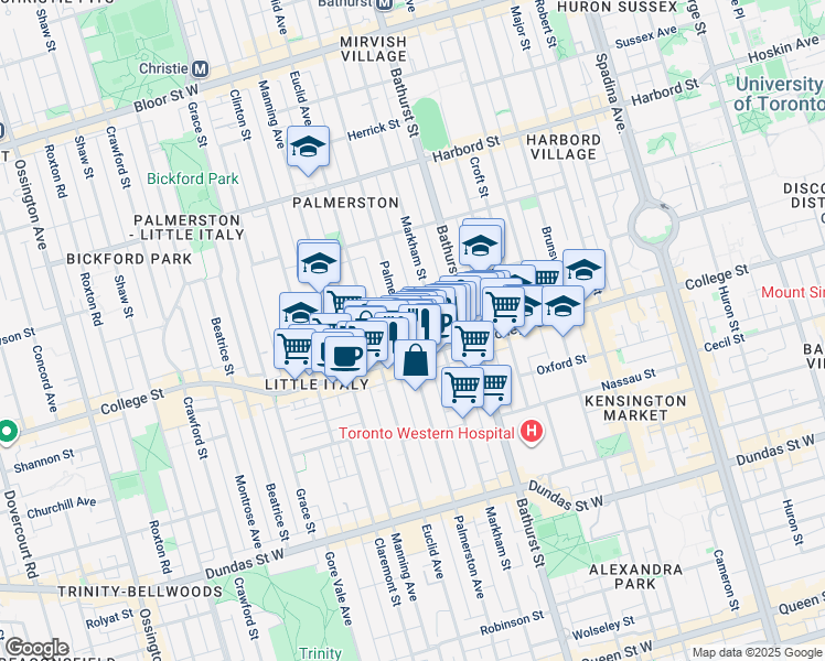 map of restaurants, bars, coffee shops, grocery stores, and more near 321 Palmerston Boulevard in Toronto