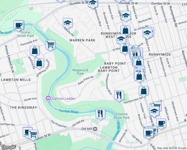 map of restaurants, bars, coffee shops, grocery stores, and more near 72 Baby Point Road in Toronto