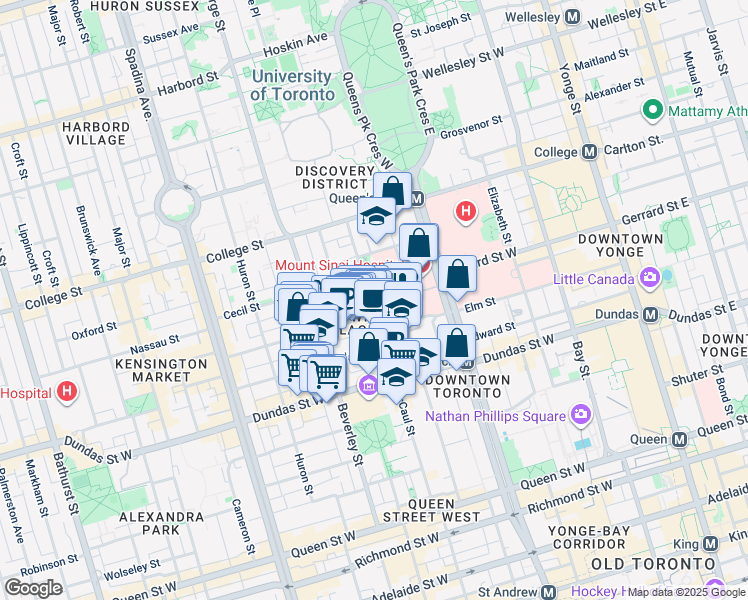 map of restaurants, bars, coffee shops, grocery stores, and more near 195 McCaul Street in Toronto